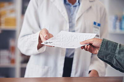 Buy stock photo Pharmacy, hands of pharmacist and customer with paper for prescription, medical notes and healthcare. Pharmaceutical, professional person and patient with script for antibiotics and medicine 