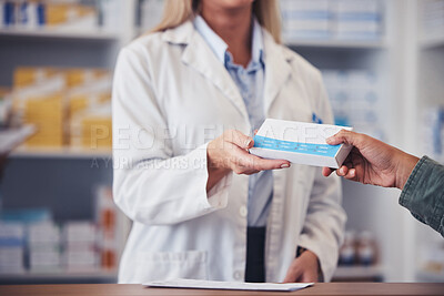 Pharmacist, hands of woman and pills with customer for healthcare, mental health and wellness in pharmacy. Pharmaceutical, professional and person for medical product, prescription and antibiotics
