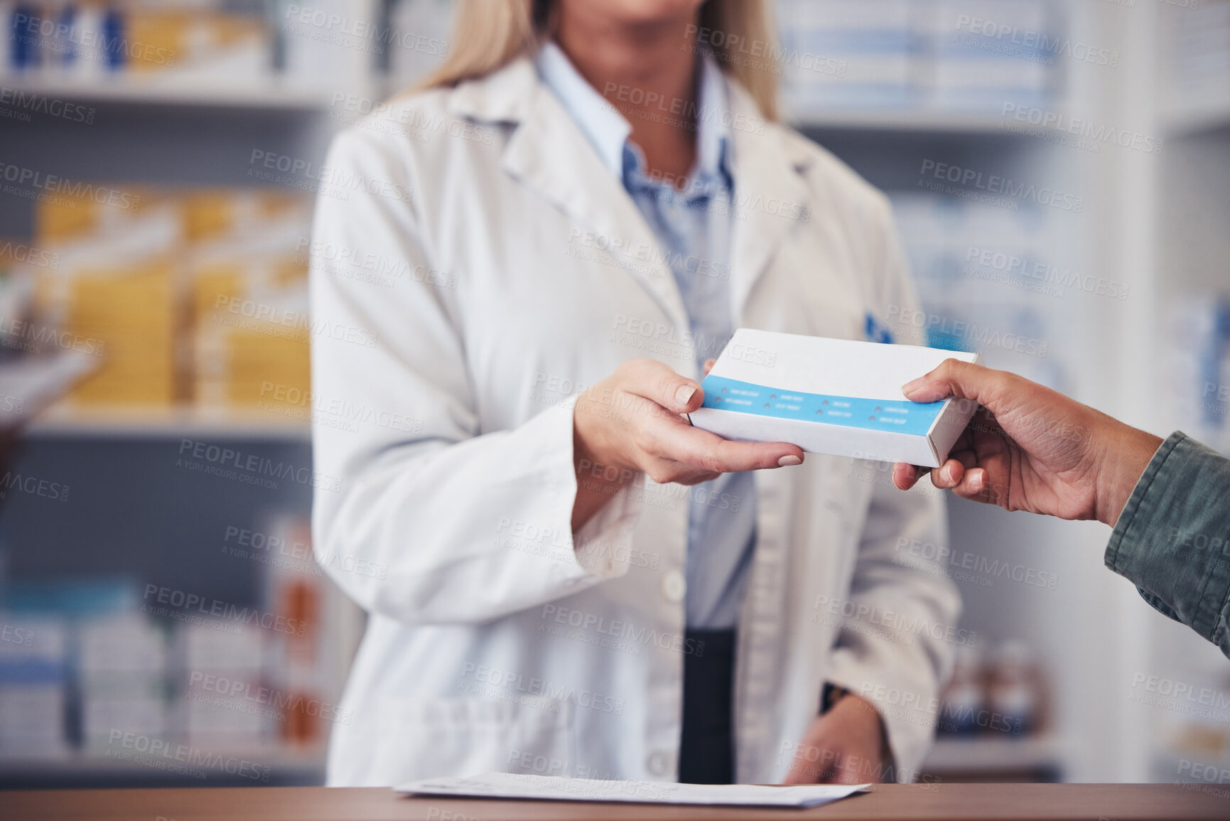 Buy stock photo Pharmacist, hands of woman and pills with customer for healthcare, mental health and wellness in pharmacy. Pharmaceutical, professional and person for medical product, prescription and antibiotics
 