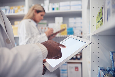 Buy stock photo Tablet screen, person and pharmacist hands typing, scroll or search clinic database for product, pills or medicine. Pharmacy inventory, online research and closeup doctor doing supplements stock take