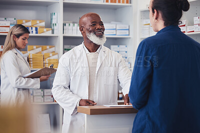 Buy stock photo Pharmacy customer, happy and mature pharmacist help client with shop service, medicine support or healthcare supplement. Store clinic, hospital or expert consulting patient with pharmaceutical choice