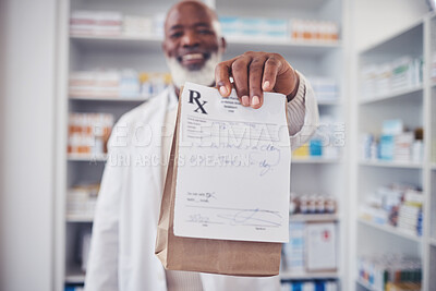 Buy stock photo Black man, pharmacist and paper bag for prescription, note or doctor certificate at pharmacy. Happy African male person or medical professional giving medication, pills or pharmaceutical at drugstore
