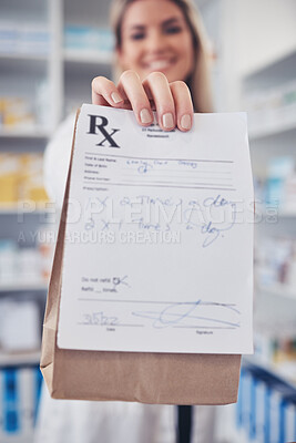 Buy stock photo Pharmacy, hand and prescription medicine with paper in a bag for healthcare, drugs and pharmaceutical. Closeup of a pharmacist or medical worker with rx information, drugstore and retail service 
