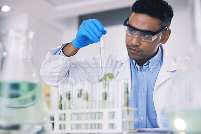 Buy stock photo Science, leaves and man with test tube in laboratory, research and thinking with nature. Biotechnology, pharmaceutical study and scientist with plants, lab technician checking green solution in glass