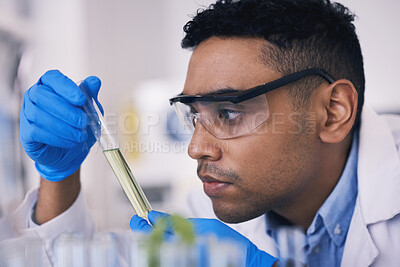 Buy stock photo Science, man and green solution in test tube in laboratory, research and thinking with plants in nature. Biotechnology, eco study and scientist with leaves, lab technician checking leaf in glass.