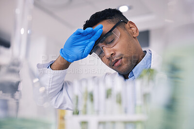 Buy stock photo Tired, science and a man with burnout in a laboratory for research or innovation in medicine. Fatigue, fail and a young male scientist working to a deadline in a lab for medical breakthrough