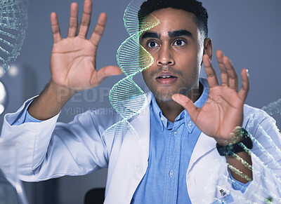 Buy stock photo Scientist man, dna hologram and lab analysis with thinking, study and data for health, medical research or ideas. Biology, laboratory and 3D holographic overlay for science, info or vision for sample