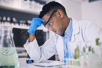 Buy stock photo Stress, science and a man with burnout in a laboratory for research or innovation in medicine. Thinking, problem solving and a male scientist working to a deadline in a lab for medical breakthrough
