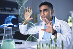 Scientist man, dna hologram and laboratory with thinking, plant study and data for health, medical research or ideas. Biochemistry lab, 3D holographic overlay or leaves for science, info or analysis