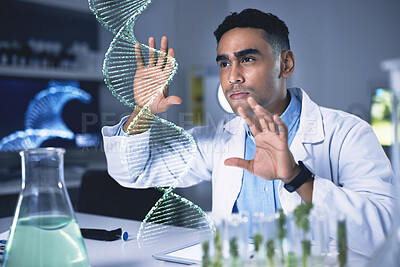 Buy stock photo Scientist man, dna hologram and laboratory with thinking, plant study and data for health, medical research or ideas. Biochemistry lab, 3D holographic overlay or leaves for science, info or analysis