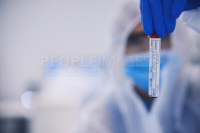 Buy stock photo Hand, science and mockup with a blood sample in a laboratory or innovation or dna research. Healthcare, medical and space for breakthrough in a lab with a doctor holding a glass vial closeup