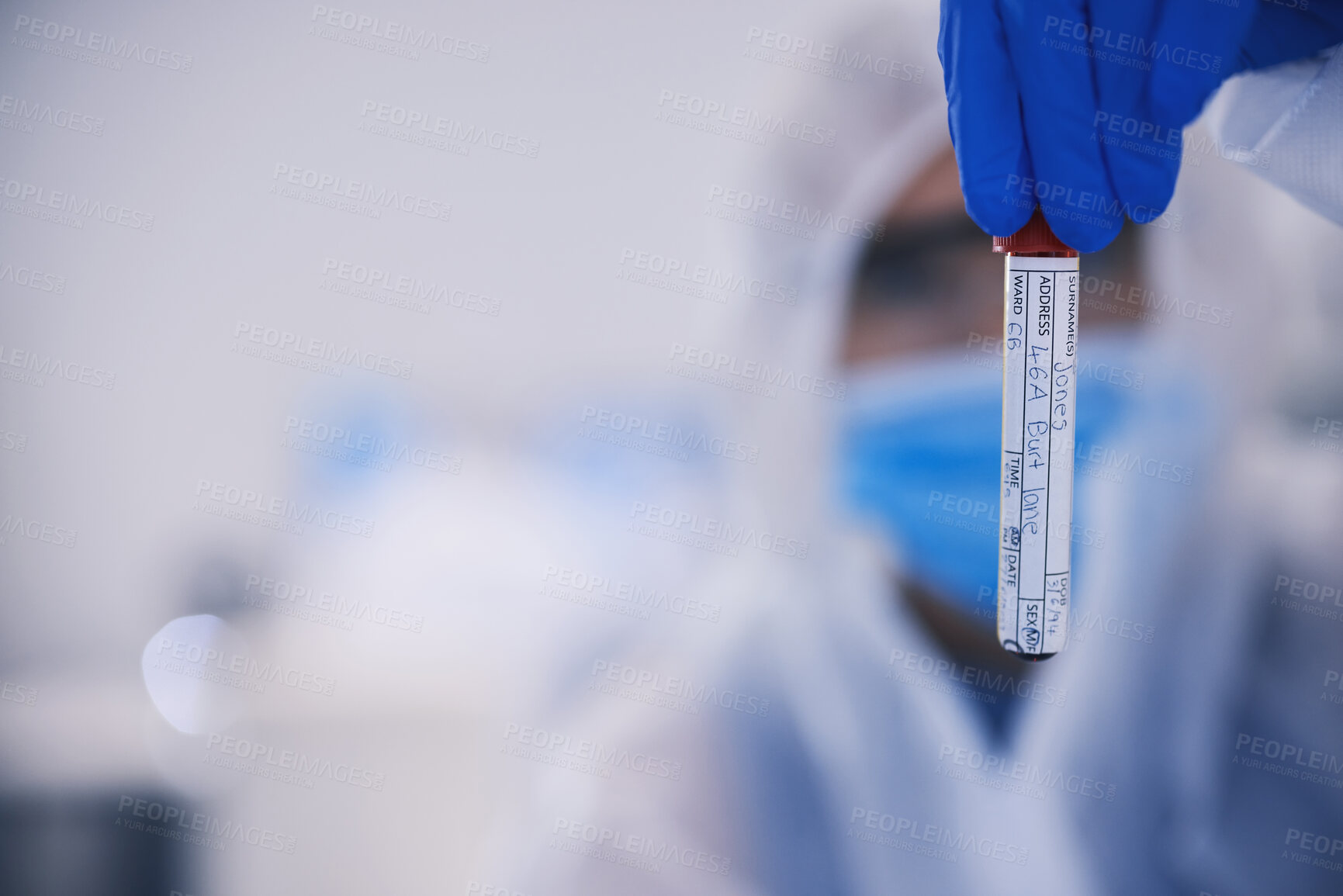 Buy stock photo Hand, science and mockup with a blood sample in a laboratory or innovation or dna research. Healthcare, medical and space for breakthrough in a lab with a doctor holding a glass vial closeup