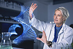 Woman, dna hologram and lab analysis, study or innovation with futuristic medical research with ux. Senior scientist, laboratory and 3D holographic overlay for digital transformation, hands or vision