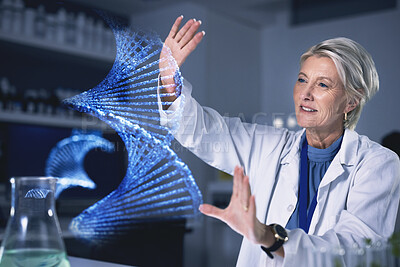 Buy stock photo Woman, dna hologram and lab analysis, study or innovation with futuristic medical research with ux. Senior scientist, laboratory and 3D holographic overlay for digital transformation, hands or vision