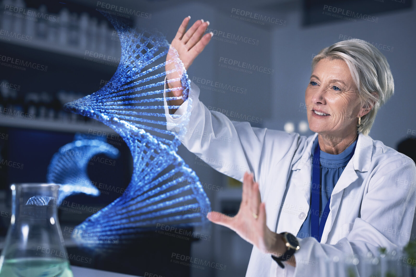 Buy stock photo Woman, dna hologram and lab analysis, study or innovation with futuristic medical research with ux. Senior scientist, laboratory and 3D holographic overlay for digital transformation, hands or vision