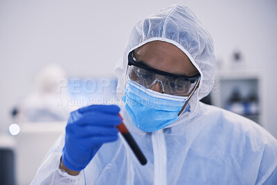 Buy stock photo Scientist, blood test and face mask for vaccine, virus and healthcare research, tube and laboratory study. Medical worker, science doctor or man with focus for red, DNA liquid or covid 19 solution