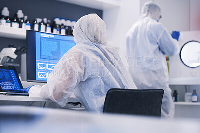 Buy stock photo Future, research and science team in an investigation of hazard, virus and in a chemistry laboratory with computer. DNA, collaboration and medical scientist working on biotechnology experiment