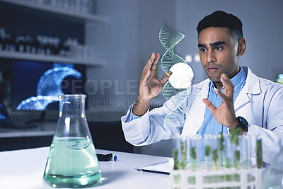Buy stock photo Man, dna hologram and biochemistry lab with thinking, plant study and data for health, medical research or ideas. Scientist, 3D holographic overlay or leaves for science, info or laboratory analysis