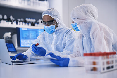 Buy stock photo Laptop, science and blood sample with a research team in a laboratory for research or innovation. Computer, teamwork and dna in a glass vial for lab test or study as a pathology scientist colleagues