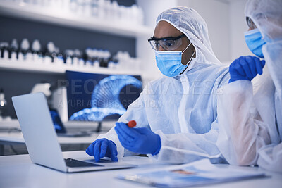 Buy stock photo Laptop, science and blood sample with a medical team in a laboratory for research or innovation. Computer, teamwork and dna in a glass vial for lab test or study as a pathology scientist colleagues