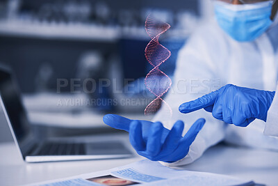 Buy stock photo Hands, scientist and dna hologram in lab analysis, studying and gloves for safety, health and medical research. Virus biology, laboratory and 3D holographic overlay with check, covid and ppe at desk