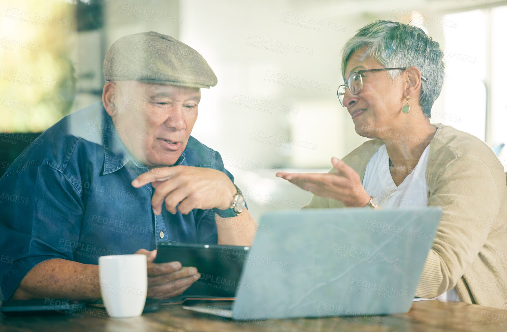 Buy stock photo Tablet, laptop or old couple on social media for communication, website or internet connection. People, talk or senior woman with an elderly man online to scroll on streaming technology app at home