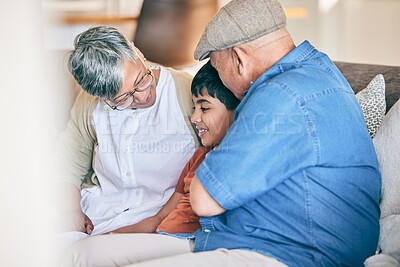 Buy stock photo Talking, happy grandparents or kid in home bonding, laughing or smiling in fun Mexico in family house. Grandmother, grandfather or boy child speaking with love, care or support on holiday vacation 