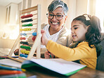 Education, family and child with grandmother, abacus or counting, project or homeschool, kindergarten or lesson. Learning, math and happy kid with grandma in living room help, teaching or development