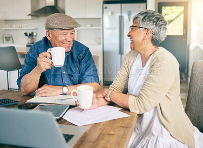Buy stock photo Laptop, happy or old couple with budget paperwork, mortgage or banking documents at home. Coffee drink, mature woman or senior man laughing at financial bills or investment portfolio in retirement