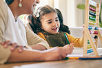 Home, education and girl child with grandmother, abacus and smile for counting, project and kindergarten lesson. Learning, math and kid with grandma in living room with love, support and study help