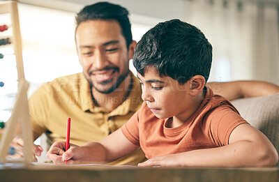 Buy stock photo Father help child, homework and education, writing and learning with studying, activity and development. Family, teaching and support for school with knowledge, man and boy in living room with growth