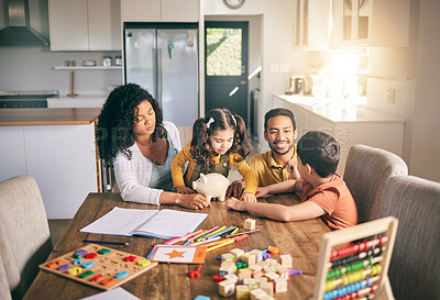 Buy stock photo Homework, parents and children with education, talking and studying with knowledge in a living room. Family, mother and father with kids, students and elearning with conversation studying or activity