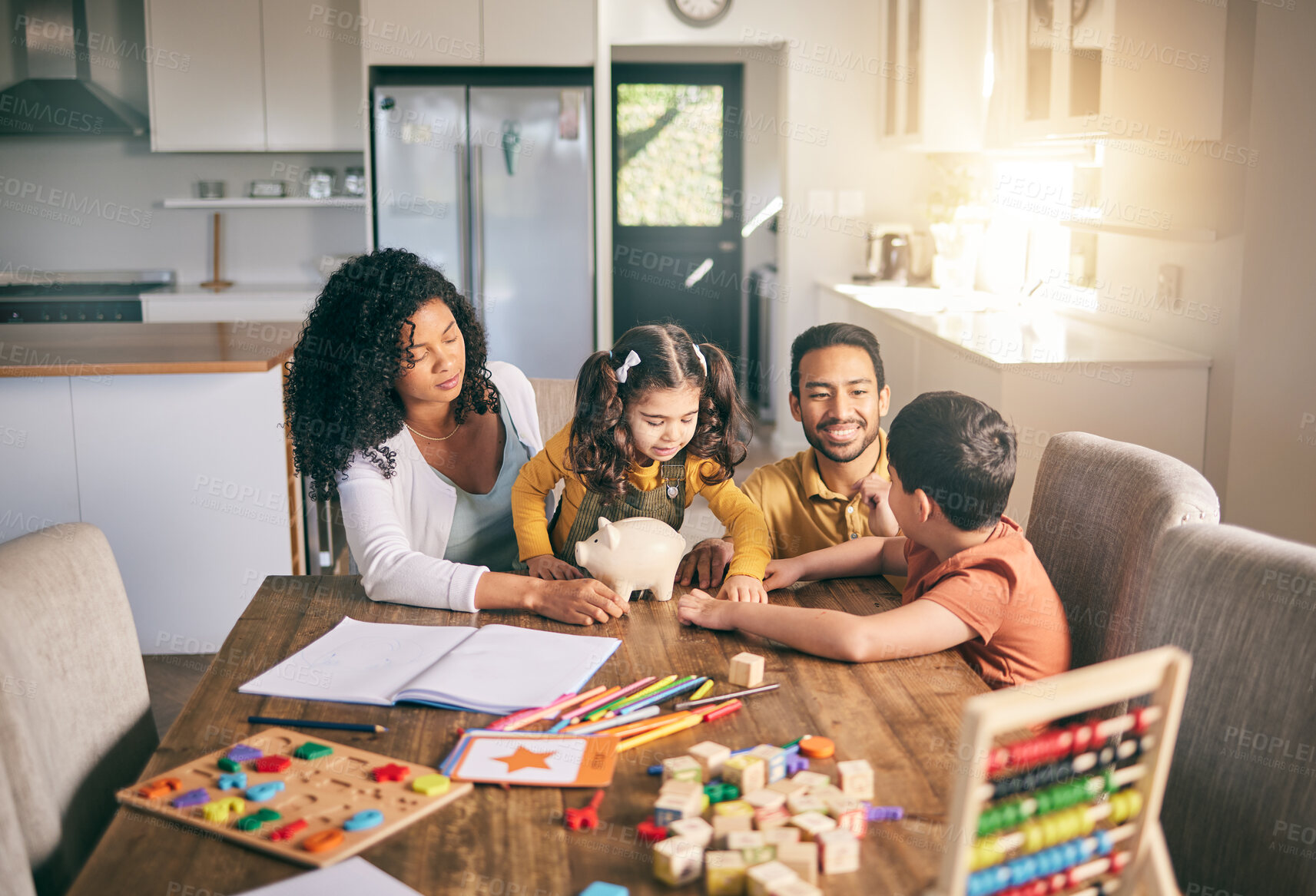 Buy stock photo Homework, parents and children with education, talking and studying with knowledge in a living room. Family, mother and father with kids, students and elearning with conversation studying or activity