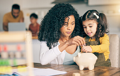 Buy stock photo Mother, child and piggy bank, learning about savings with money, investment and future development with finance. Woman, young girl and financial education at home, security and growth with cash