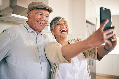 Buy stock photo Selfie, happy and old couple in retirement, love and bonding at home with social media post and memory. Life partner, marriage and pension, people smile in picture and photography with commitment