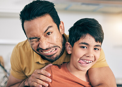 Buy stock photo Funny, face and dad with child in home together with crazy comedy, joke or bonding on vacation, weekend or holiday, Silly, father and son in portrait with goofy expression or family humor in house