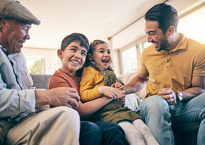 Buy stock photo Children, father and grandfather playing and laughing on a home sofa with happiness, tickle and fun. Funny kids and men relax together as a family with love, care and joy on a living room couch