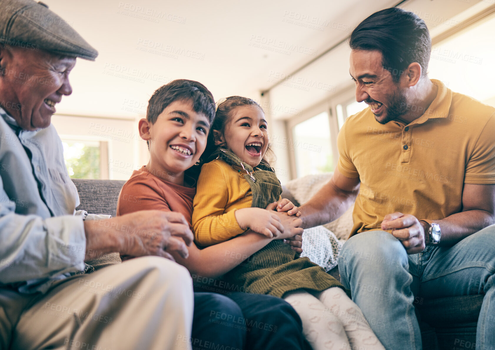 Buy stock photo Children, father and grandfather playing and laughing on a home sofa with happiness, tickle and fun. Funny kids and men relax together as a family with love, care and joy on a living room couch