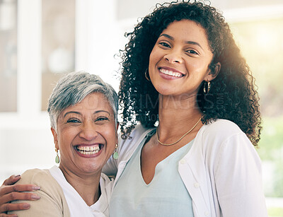 Buy stock photo Smile, love and portrait of senior mother and daughter for happy, hug and bonding. Support, retirement and happiness with face of women in family home for vacation, care and generations together