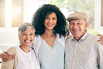 Family, senior and portrait of woman with parents happy in a home together for bonding on vacation or holiday. Retirement, smile and elderly father with mother and daughter in house for love and care