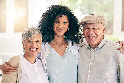 Buy stock photo Family, senior and portrait of woman with parents happy in a home together for bonding on vacation or holiday. Retirement, smile and elderly father with mother and daughter in house for love and care