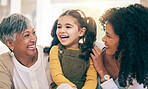 Child, mother and grandma laughing in a family home with happiness, love and support. Girl kid, mature woman and parent relax together for adoption of daughter with joy in living room for visit
