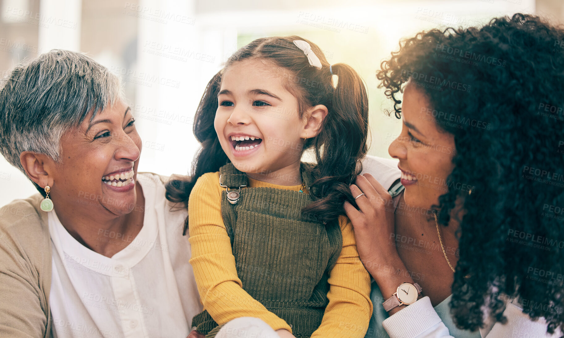 Buy stock photo Child, mother and grandma laughing in a family home with happiness, love and support. Girl kid, mature woman and parent relax together for adoption of daughter with joy in living room for visit
