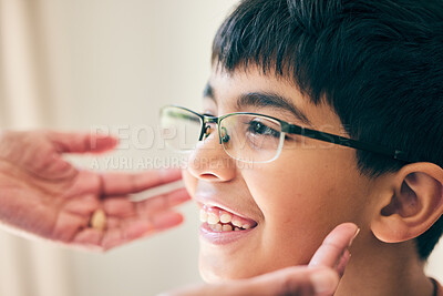 Buy stock photo Eye care, face and child with glasses for vision, focus and eyes healthcare with frame choice and inspection. Smile, happiness and medical support for lens assessment and decision at optometrist