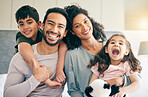 Portrait, happy and family in home bedroom, bonding and excited for funny laugh together. Face, children and parents, mother and father with care, love and smile for support in connection at house