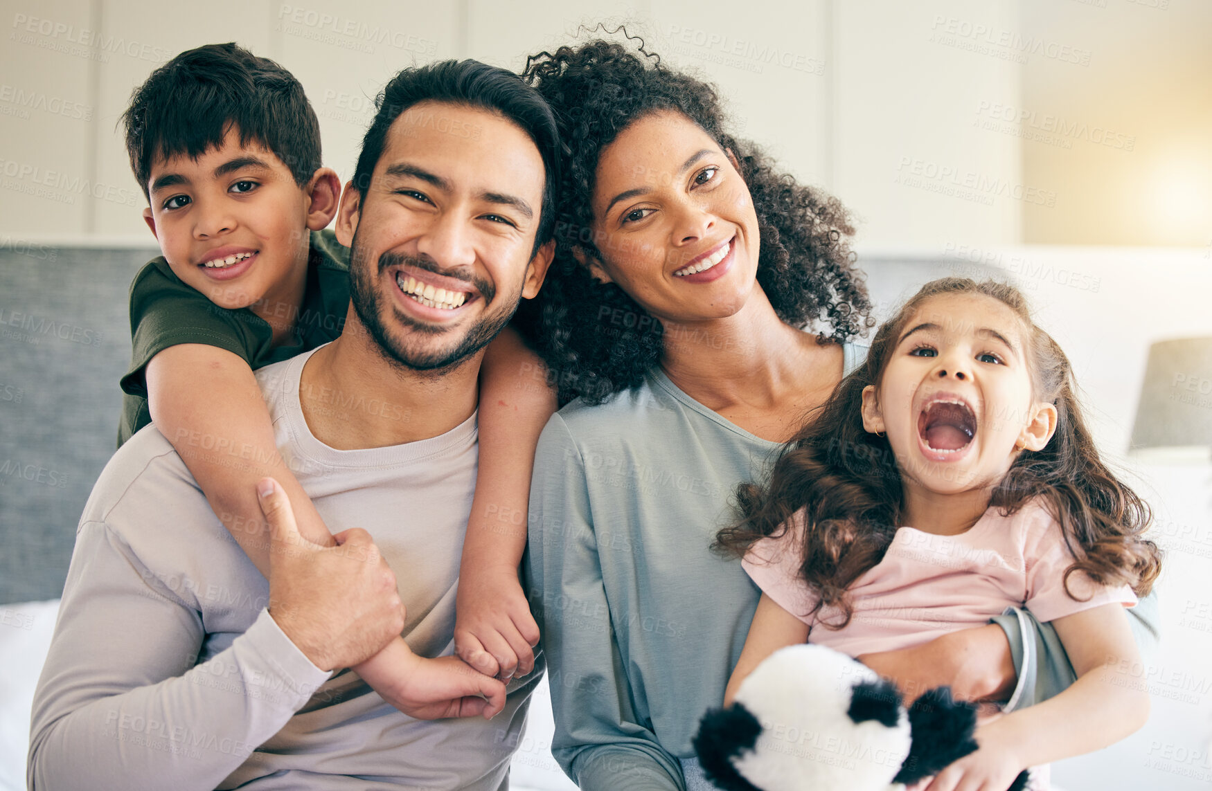 Buy stock photo Portrait, happy and family in home bedroom, bonding and excited for funny laugh together. Face, children and parents, mother and father with care, love and smile for support in connection at house