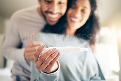 Buy stock photo Pregnancy test, hands of woman and happy couple, smile and baby announcement together in home. Pregnant, person and new mother, fertility and support for positive results and ivf success or news