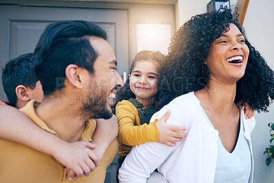 Buy stock photo Piggy back, home and parents with children for having fun, bonding and healthy relationship in morning. Happy, interracial family and kids with mom and dad playing together for love, care and trust