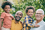 Portrait, happy kids or grandfather or dad in park to relax for bonding with love, support or care in retirement. Interracial, smile or dad with grandparent or children siblings on family holiday