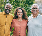 Happy couple, portrait or senior father in garden bonding in Brazil with love or care in retirement. Interracial relationship, smile or mature dad smiling with family in park or nature on holiday